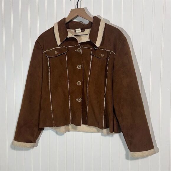 Ranch Dressing Faux Shearling Suede Western Jacket Brown Sherpa Lined XL Y2K - Picture 1 of 9
